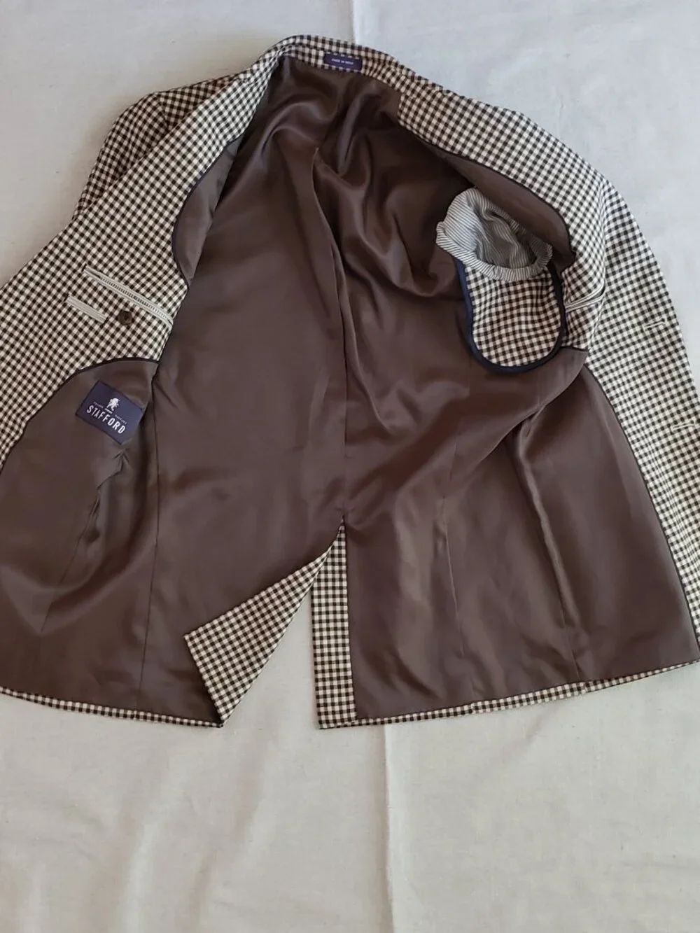 Stafford Men's Size 38R Blazer Slim Fit Brown Check Wool Sport Jacket Coat Exl.